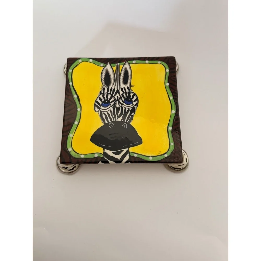 Hand Painted Gianfranco Ferre Ceramic Zebra Trivet Whimsical Animal Kitchen Art